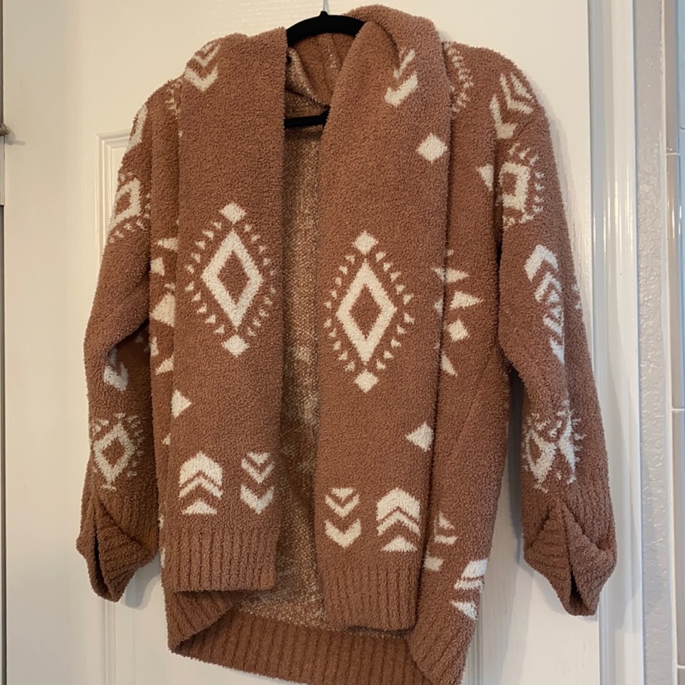 Tan and white sweater, tribal